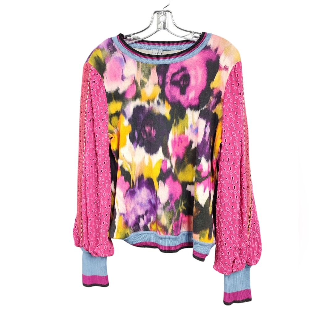 Anthropologie Bl^nk London Pullover Top Women XS Pink Eyelet Puff Sleeve